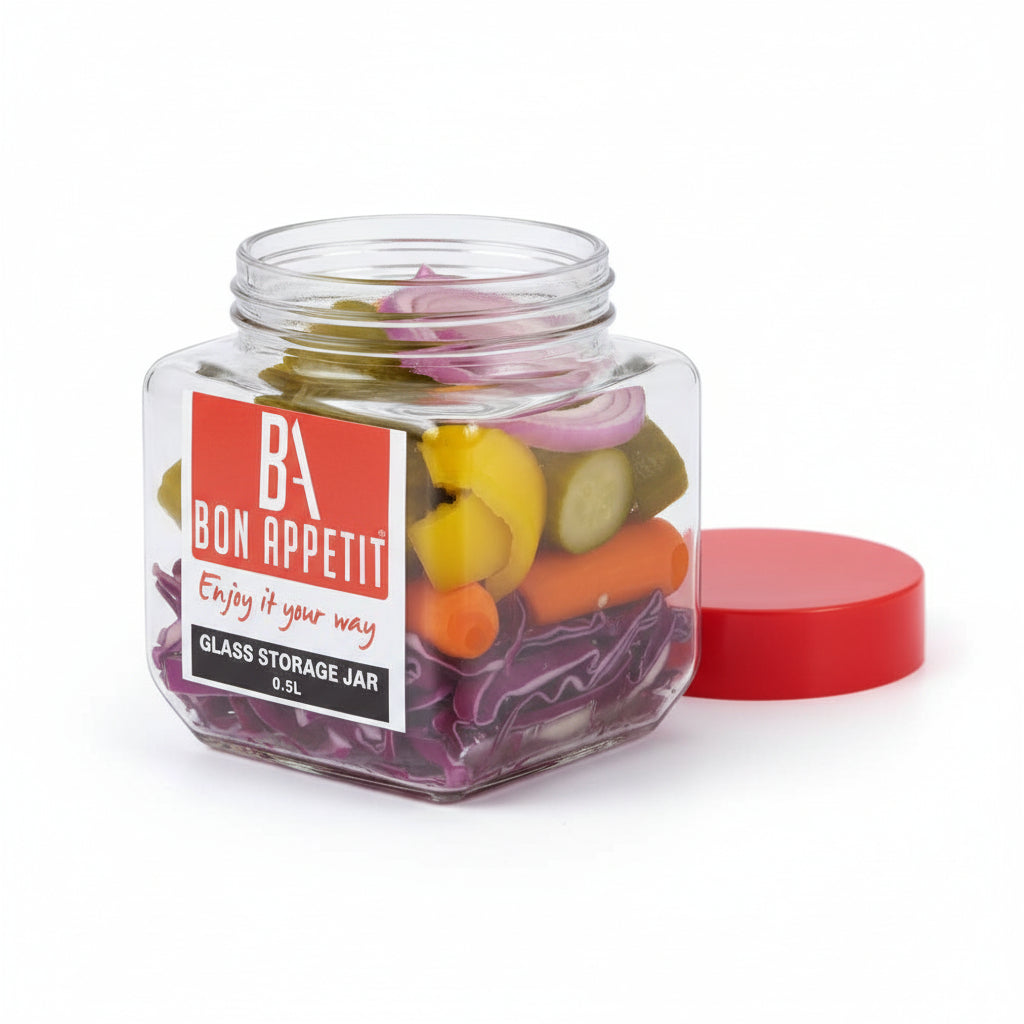 Bon Appetit glass jar 1L open top showing wide mouth and red airtight screw lid
