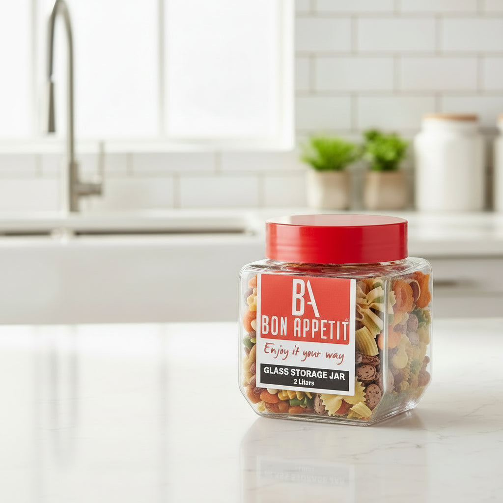 2 litre glass storage jar filled with pasta on kitchen counter - pantry storage container Nairobi