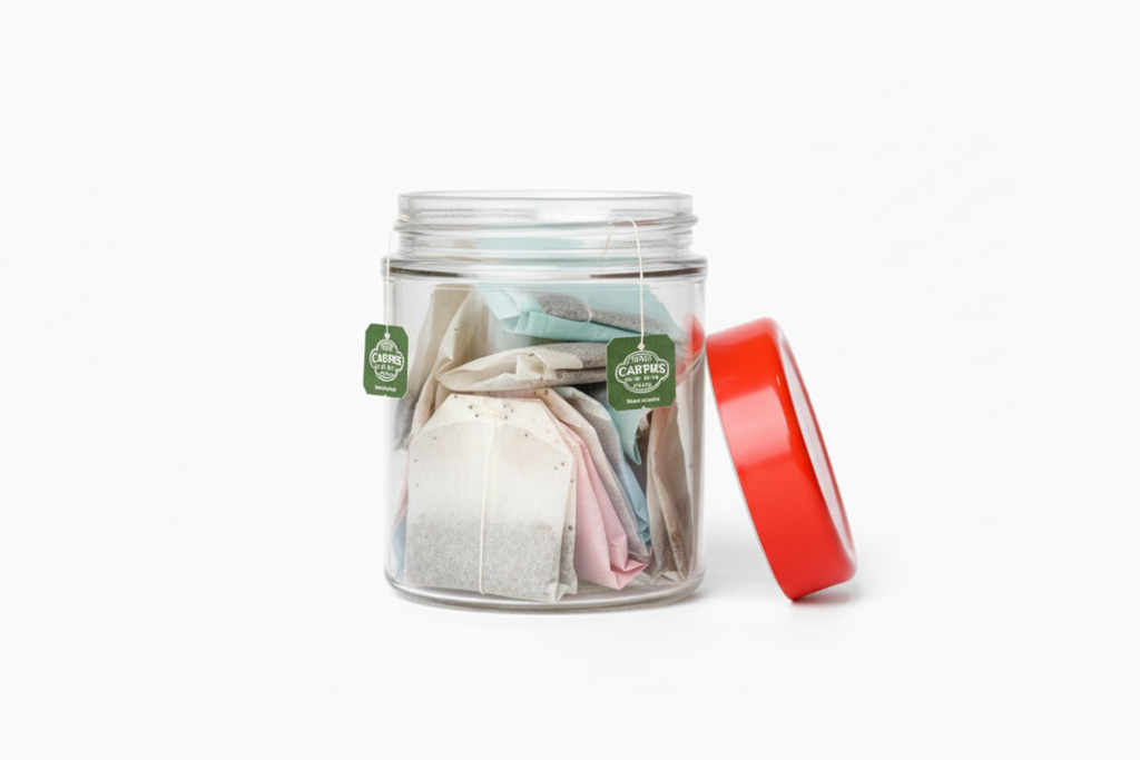 Round glass storage jar 500ml with tea bags beside mug - kitchen tea jar with red lid Kenya