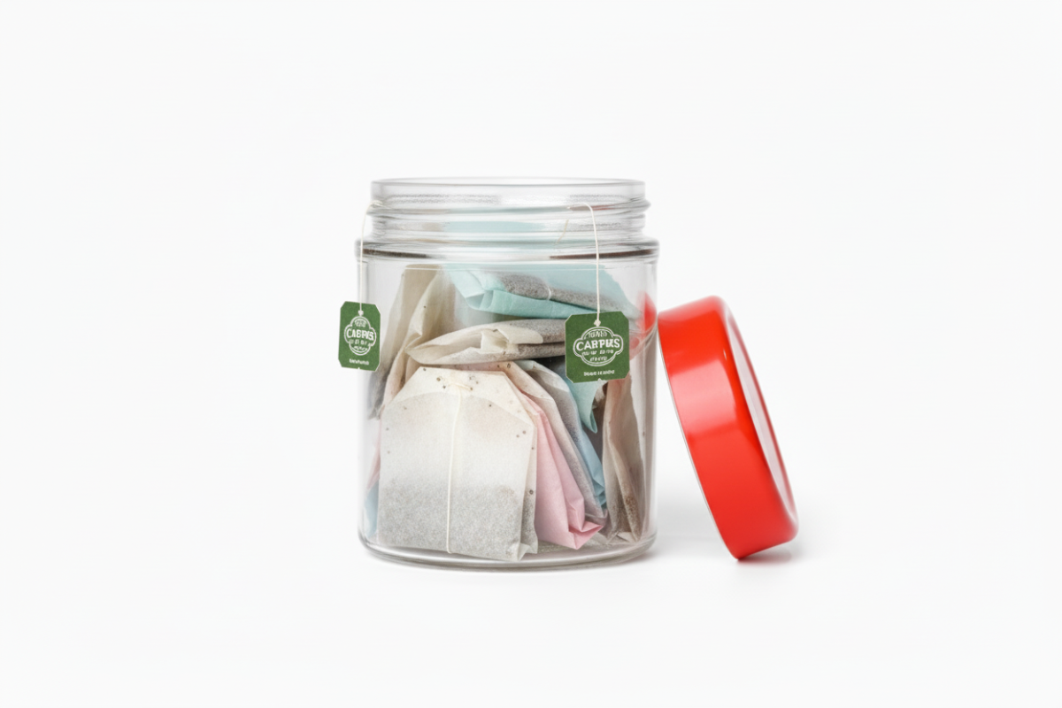 Round glass storage jar 500ml with tea bags beside mug - kitchen tea jar with red lid Kenya