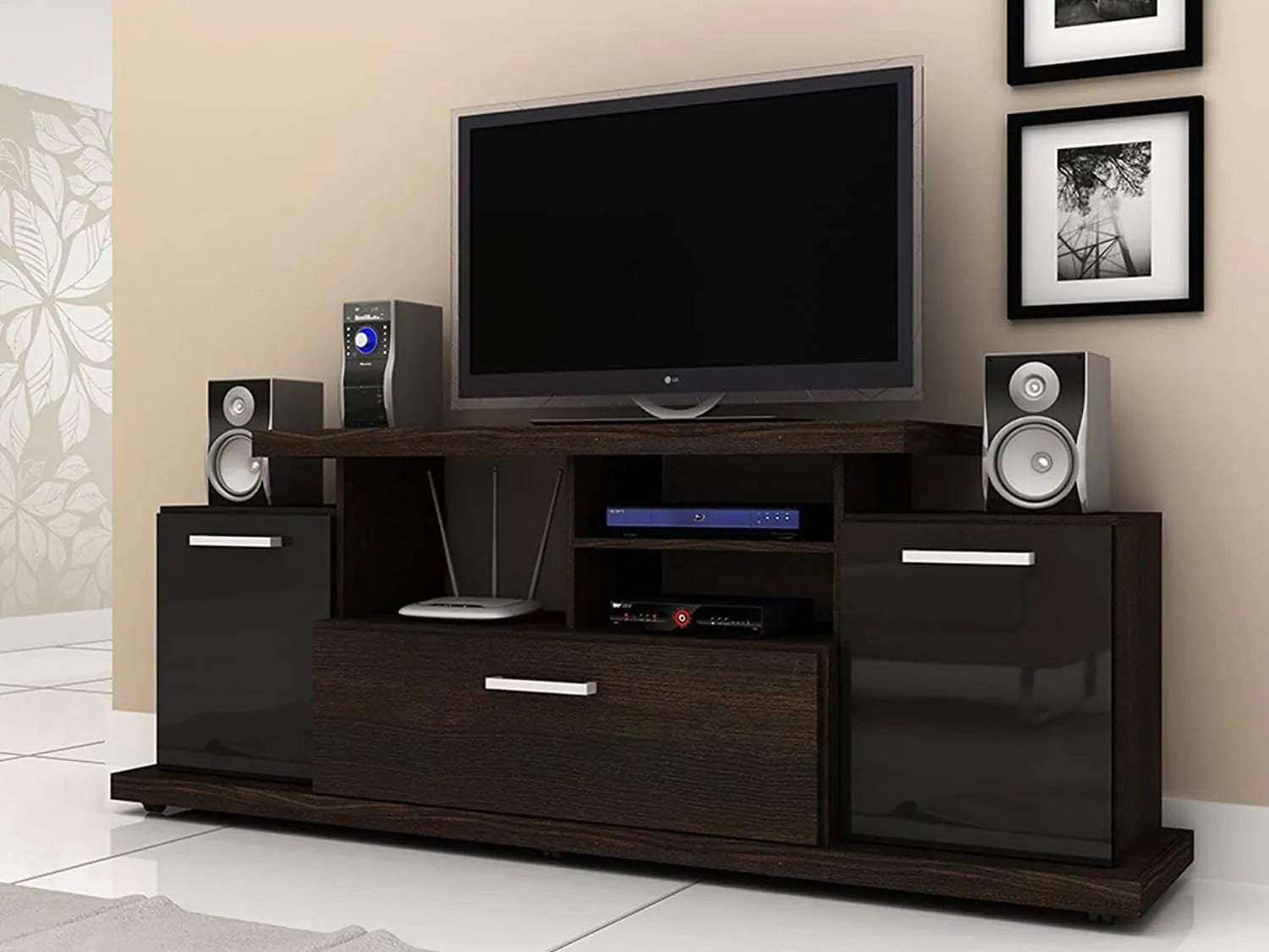 Tecnomobili R1456 TV Rack | Industrial Tobacco & Black TV Stand | 176cm Wide