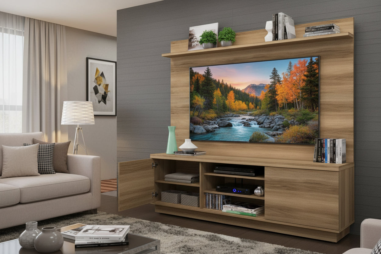 Tecnomobili E1723 Entertainment Wall Unit | Modern Natural & Off-White TV Center