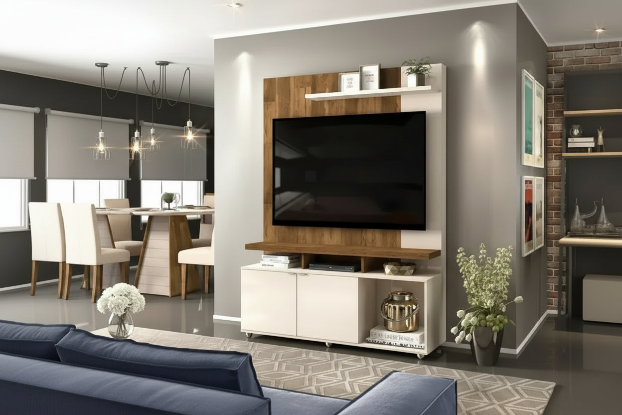 Lugo Entertainment Wall Unit | Modern Walnut & Off-White TV Center for 55" Screens