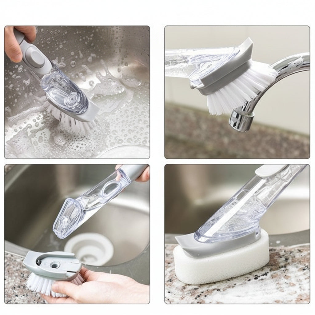 Dish Brush with Soap Dispenser | Multi-Purpose Kitchen Scrub Brush with Holder