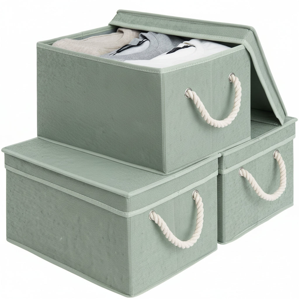 StorageWorks Fabric Storage Bins with Lids | Foldable Organizer Basket with Rope Handles