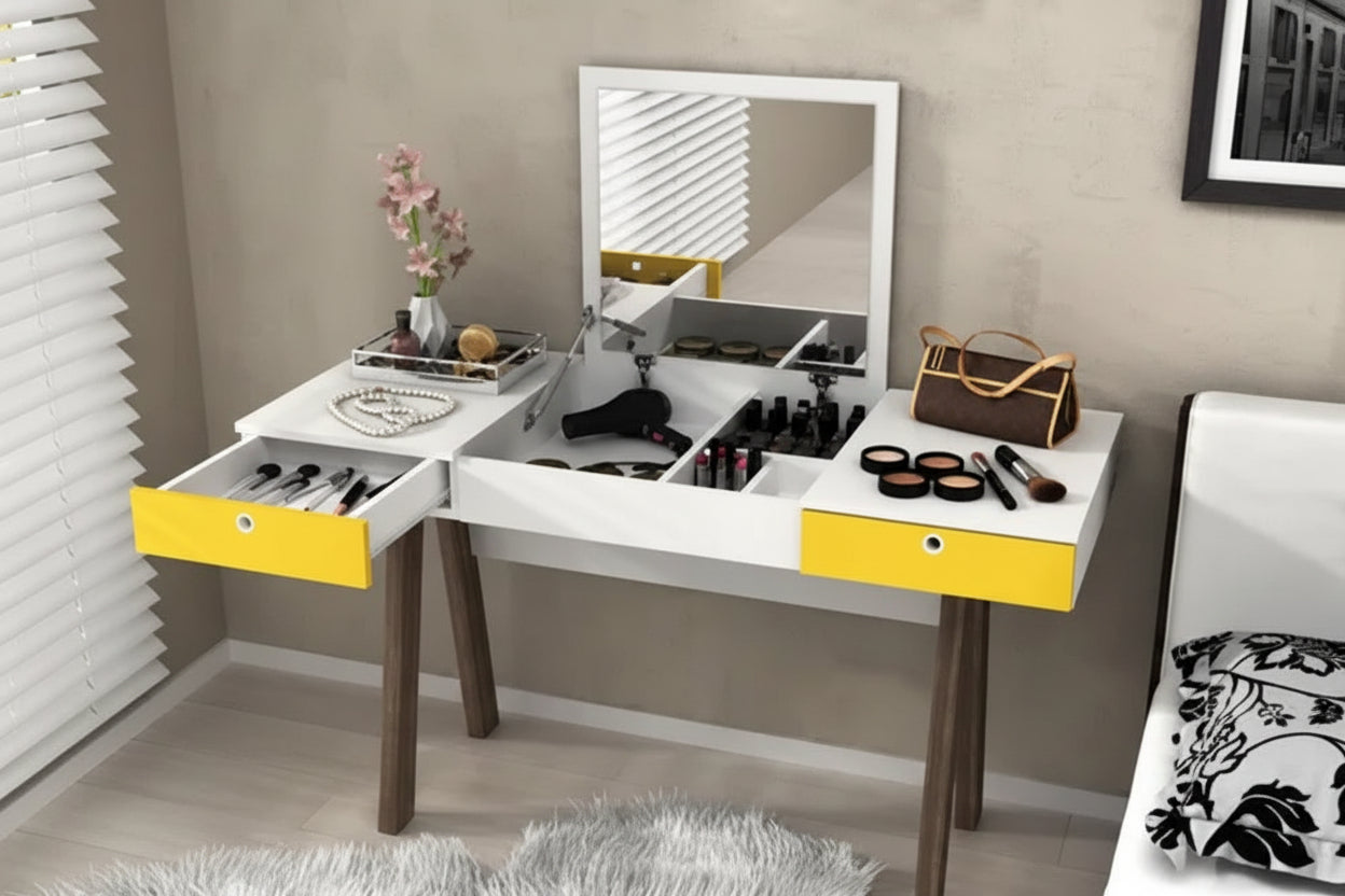Tecnomobili PE2010 Dressing Table | Makeup Vanity with 2 Drawers & Pull-Up Mirror