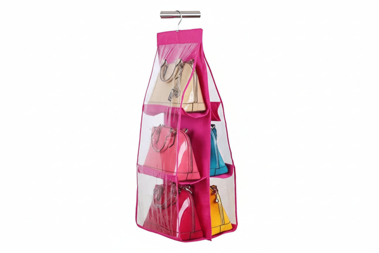 6 Pocket Hanging Handbag Organizer | Dust-Proof Closet Bag Holder | Space-Saving Storage